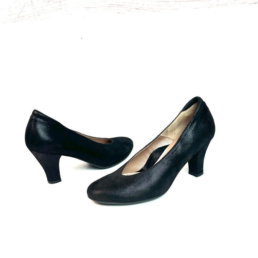 BEAUTIFEEL Ruby Black Pumps Heels Sparkly Suede Round Toe Comfort size 38 US 7,5